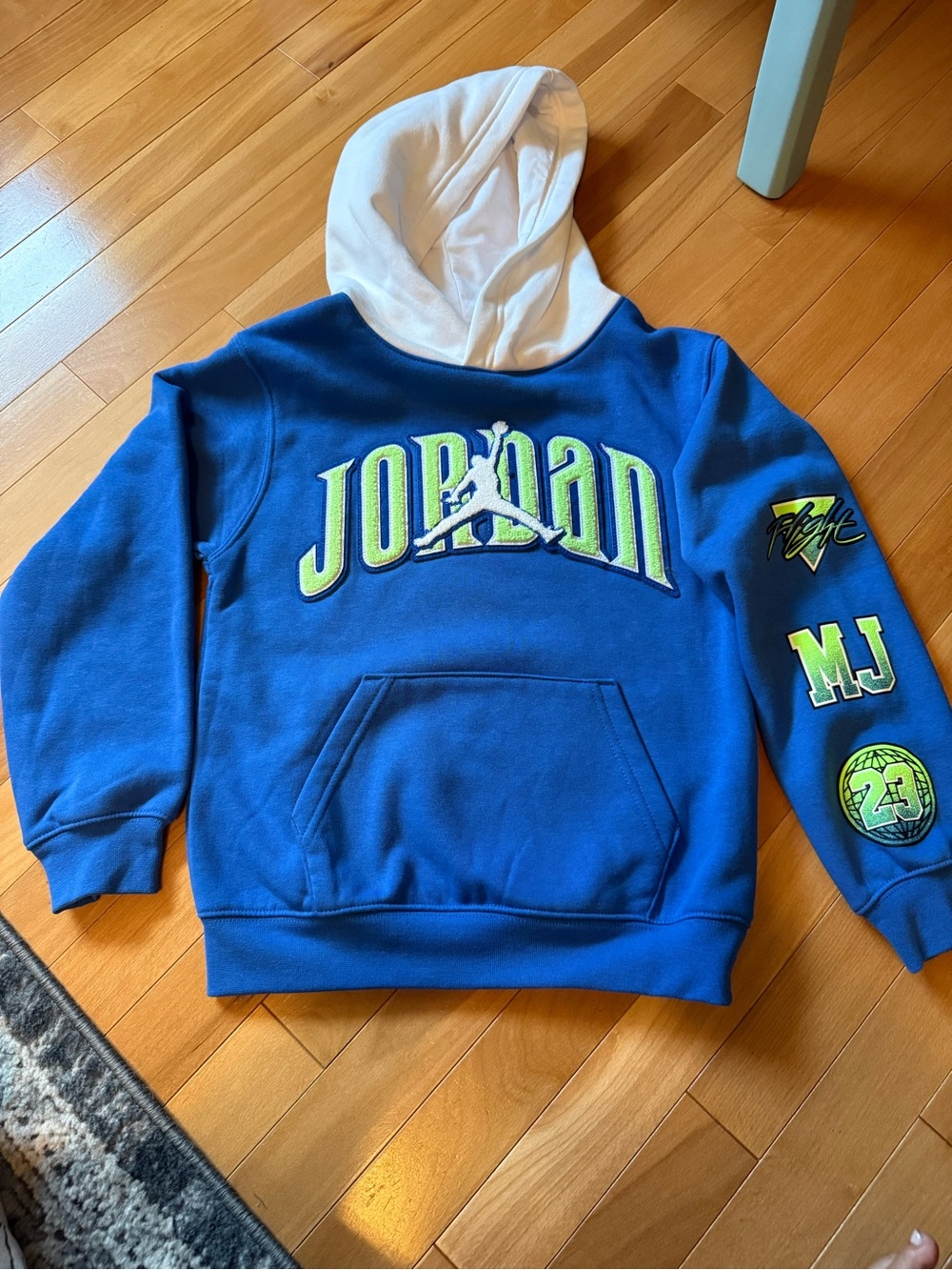 Jordan Blue YS (8-10) Hoodie with White Hood & Lime Accents NWOT